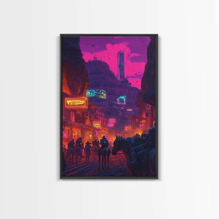 Neon Western Canyon Town With Cowboys Framed Canvas Print, Cyberpunk Wall Art, Futuristic Decor, Gaming Room Poster, Sci Fi Home Decor