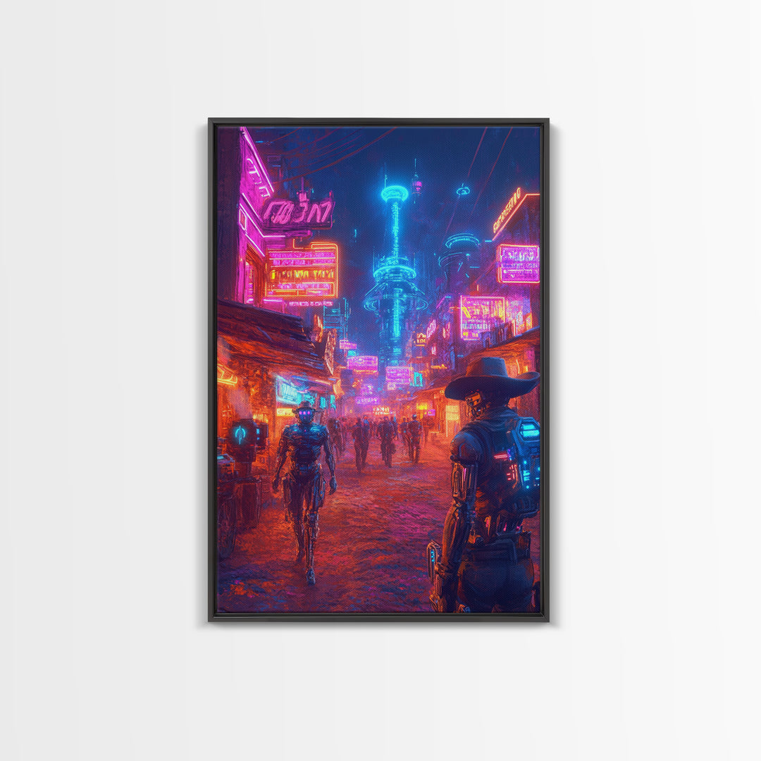 Neon Cyberpunk Cowboy And Robot City Canvas Print, Futuristic Wall Art, Sci Fi Poster, Gaming Room Decor, Vaporwave Gift