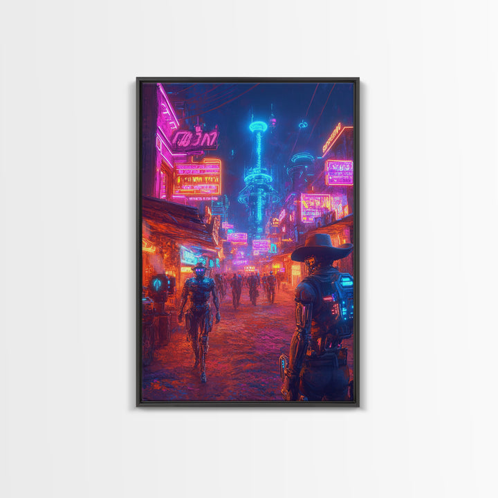 Neon Cyberpunk Cowboy And Robot City Canvas Print, Futuristic Wall Art, Sci Fi Poster, Gaming Room Decor, Vaporwave Gift