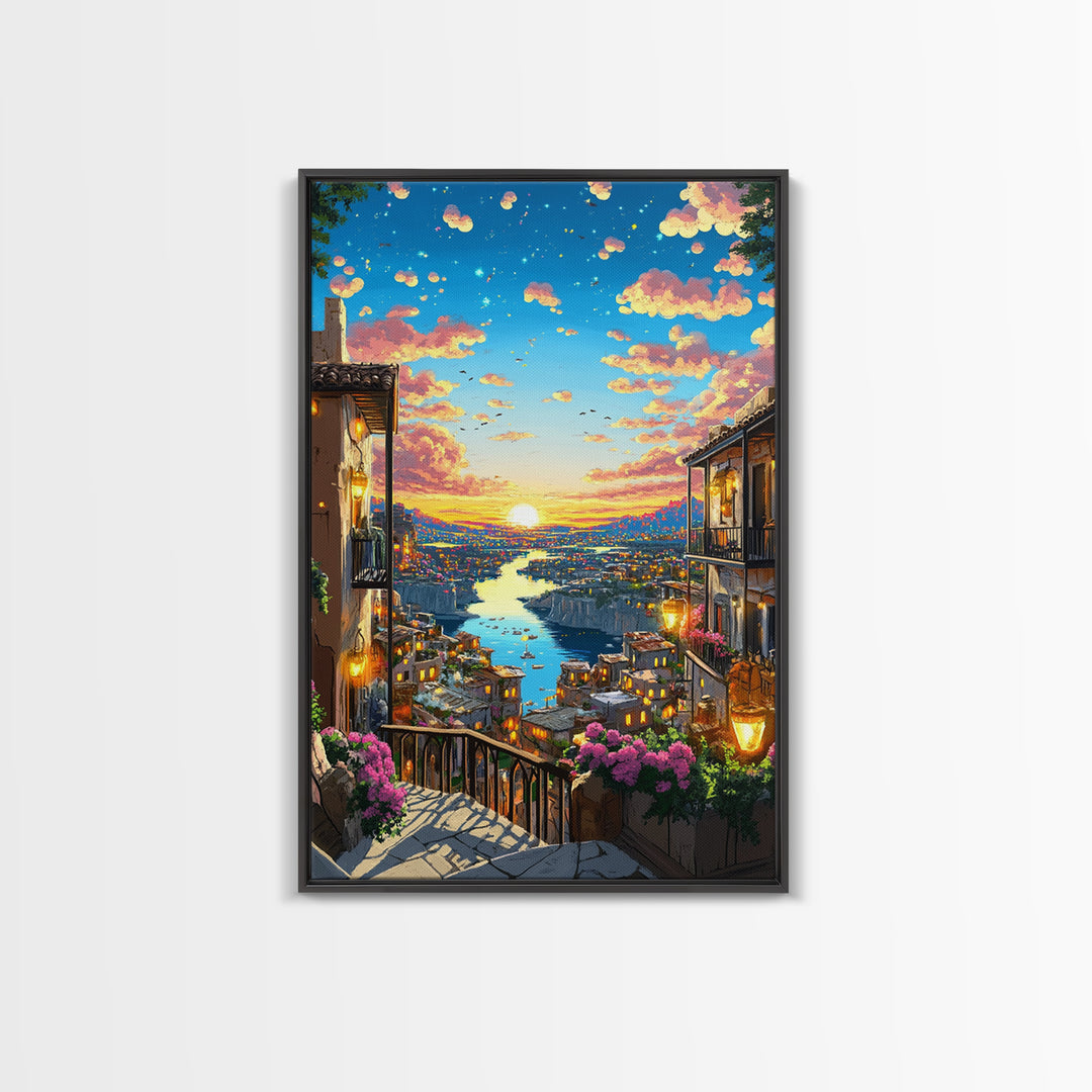 Romantic Sunset River City Balcony With Flowers Wall Art, Mediterranean Travel Poster, Coastal Home Decor, Colorful Art Print