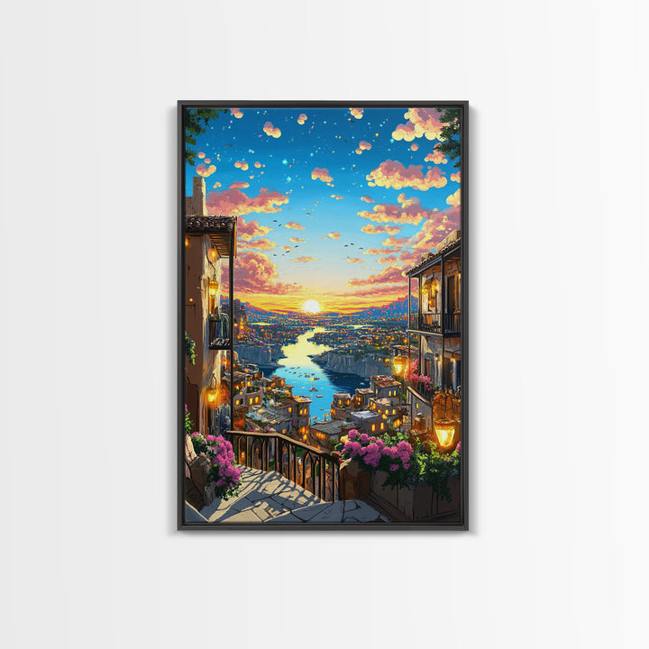 Romantic Sunset River City Balcony With Flowers Wall Art, Mediterranean Travel Poster, Coastal Home Decor, Colorful Art Print