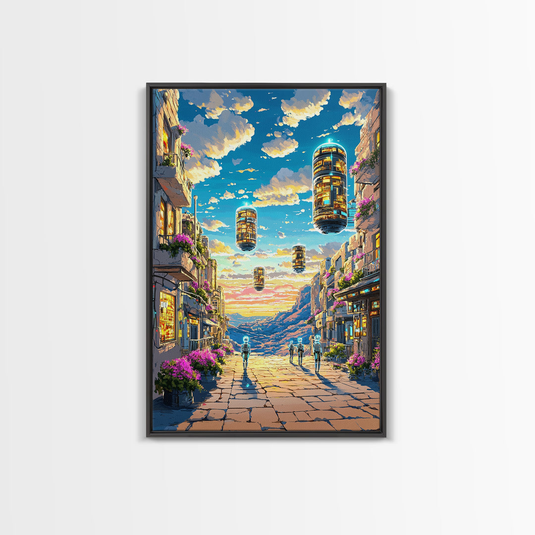 Floating Futuristic City Street With Sky Pods Canvas Print, Sci Fi Wall Art, Cyberpunk Decor, Modern Travel Poster Gift For Him