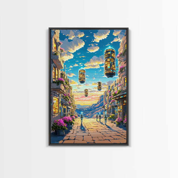 Floating Futuristic City Street With Sky Pods Canvas Print, Sci Fi Wall Art, Cyberpunk Decor, Modern Travel Poster Gift For Him