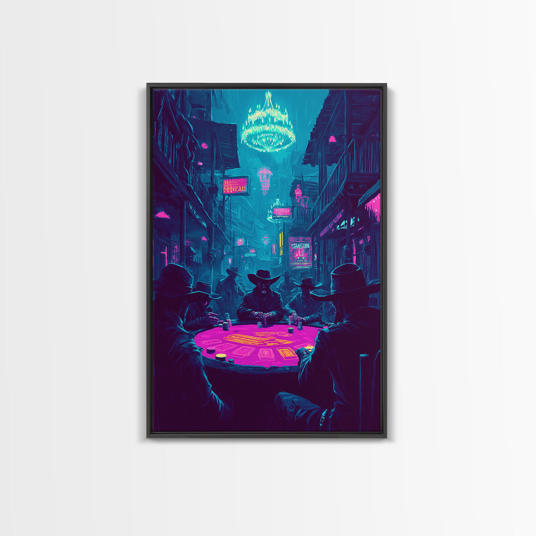 Neon Cyberpunk Poker Game With Cowboys Framed Canvas Print, Western Wall Art, Man Cave Decor, Gaming Room Poster Gift For Him