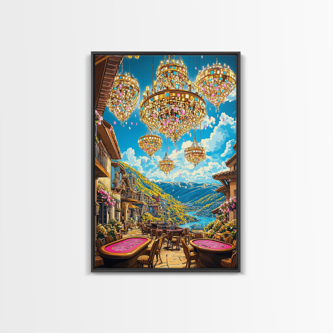 Jeweled Chandeliers Over Alpine Village Canvas Print, Whimsical Mountain Wall Art, Maximalist Luxury Home Decor, Statement Artwork