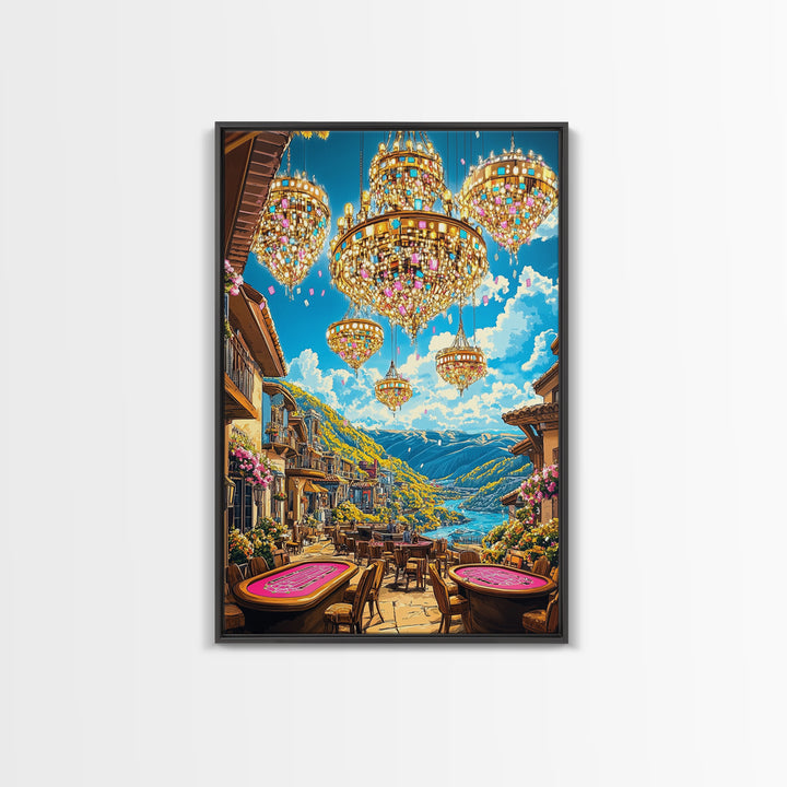 Jeweled Chandeliers Over Alpine Village Canvas Print, Whimsical Mountain Wall Art, Maximalist Luxury Home Decor, Statement Artwork