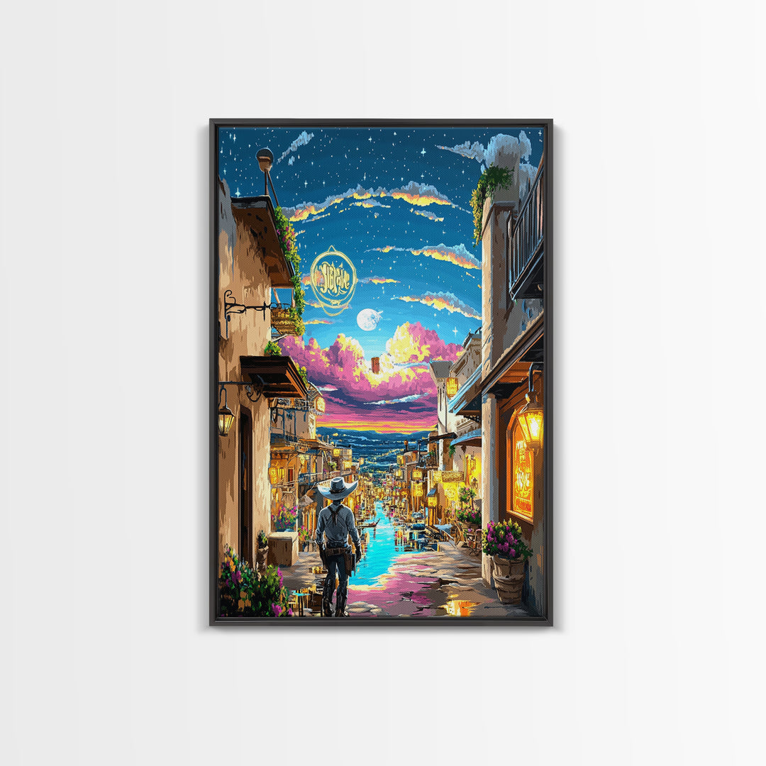 Moonlit Cowboy Canal Street Canvas Print, Western Wall Art, Neon Cityscape, Whimsical Travel Poster, Gift For Him, Living Room Decor