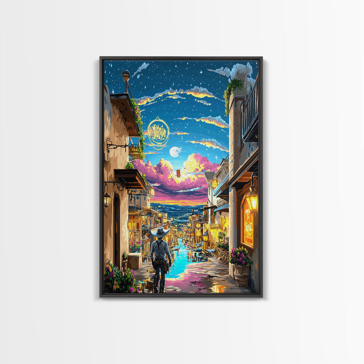 Moonlit Cowboy Canal Street Canvas Print, Western Wall Art, Neon Cityscape, Whimsical Travel Poster, Gift For Him, Living Room Decor