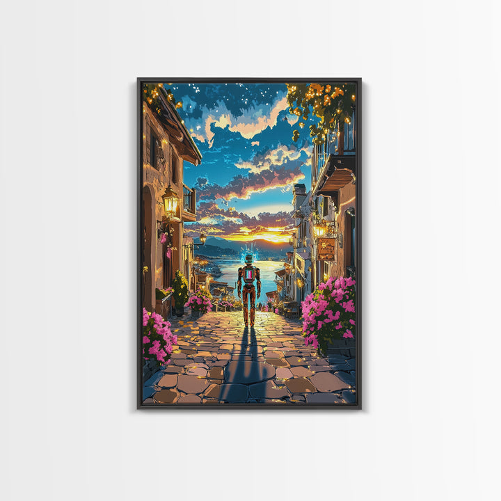 Astronaut In Sunset Coastal Village Framed Canvas Print, Sci Fi Wall Art, Futuristic Seascape, Gaming Room Decor, Unique Gift