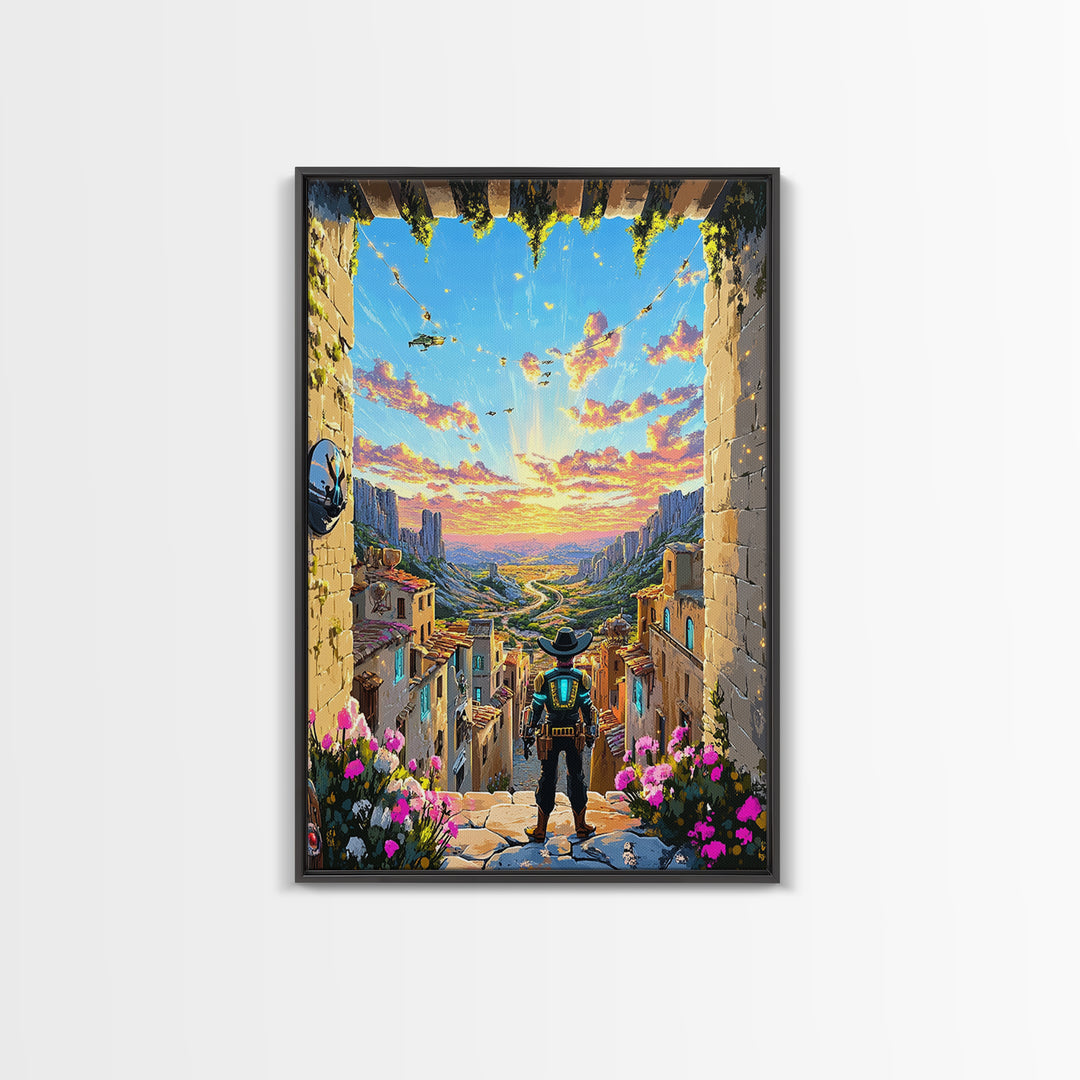 Robot Cowboy Canyon Gateway Canvas Print, Western Sci Fi Wall Art, Desert Landscape, Futuristic Home Office Decor, Gift For Him