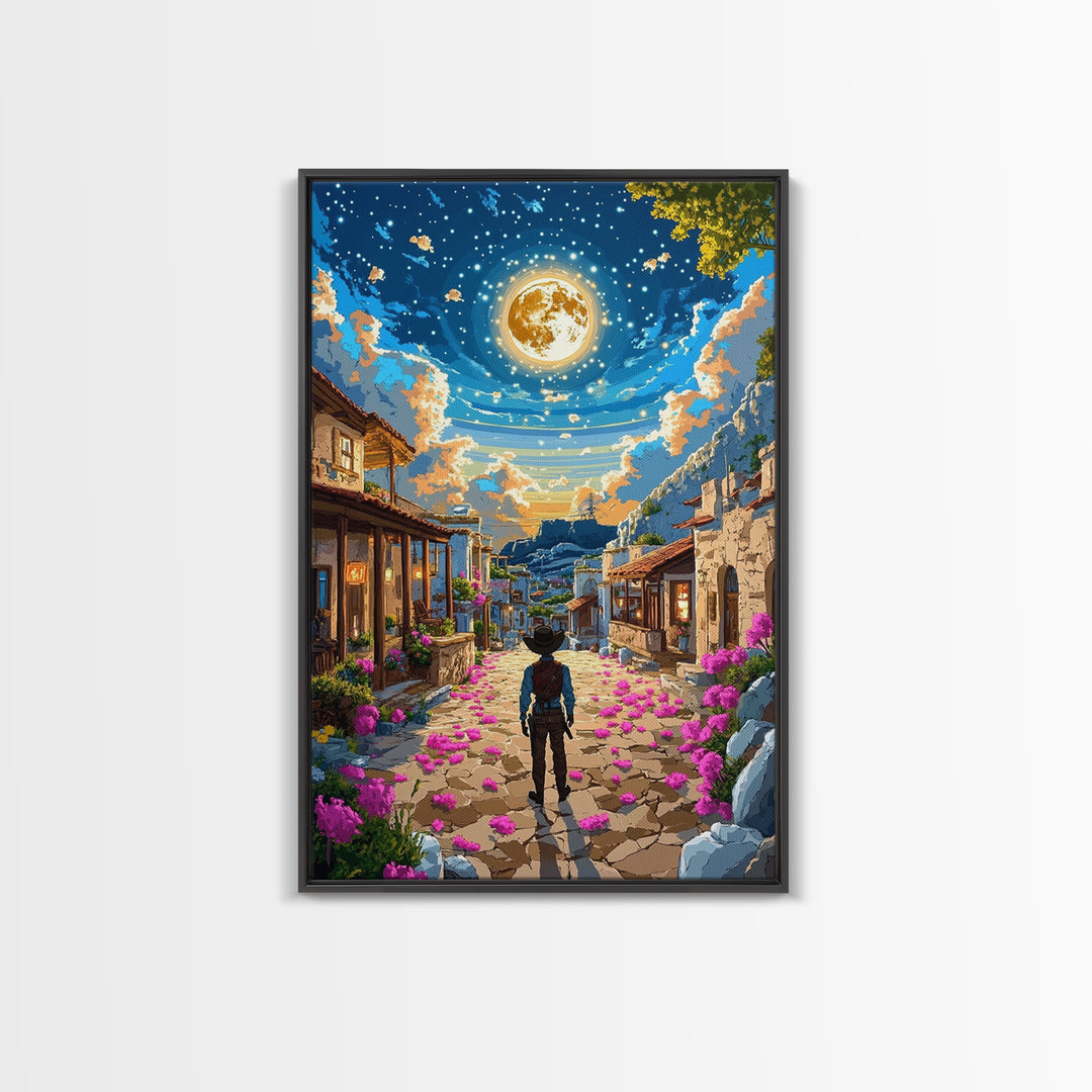 Golden Full Moon Village Path Canvas Print, Celestial Wall Art, Mediterranean Night Sky, Whimsical Bedroom Decor, Moon Art Print