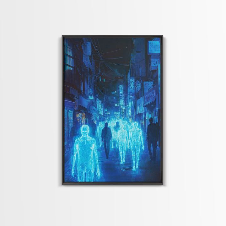 Blue Hologram Figures In Cyberpunk Alley Framed Canvas Print, Neon Wall Art, Sci Fi Cityscape, Gaming Room Decor, Futuristic Decor