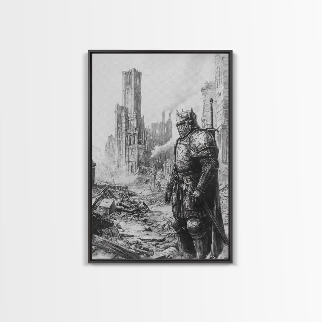 Black And White Armored Knight In Ruined Gothic City Wall Art, Dark Fantasy Medieval Warrior Print For Office Decor