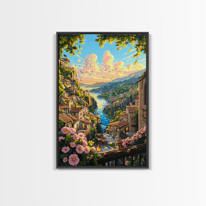 Sunlit Italian Cliff Village With River And Flowers Framed Canvas Print, Mediterranean Landscape Wall Decor Gift For Her