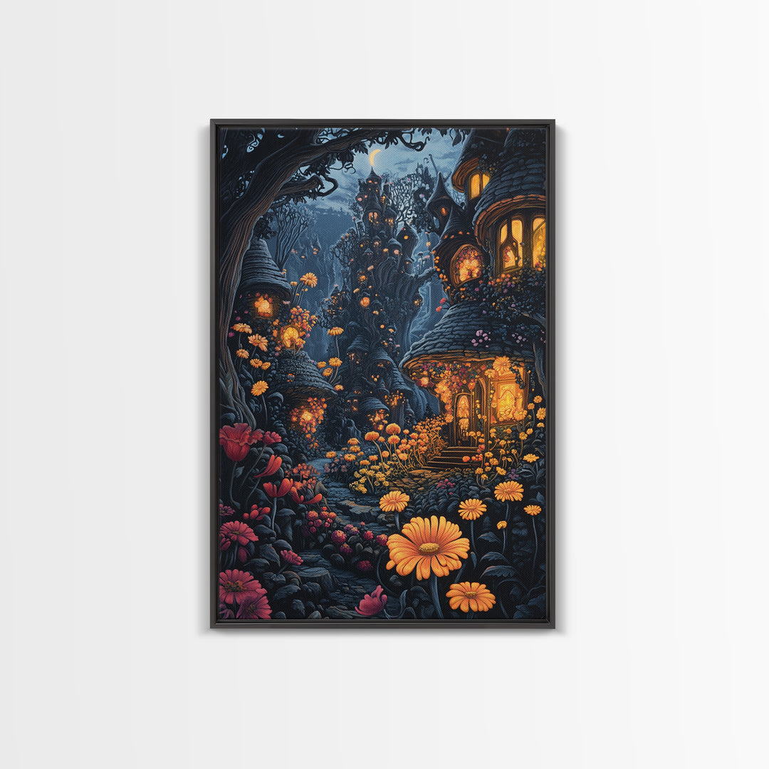 Dark Enchanted Forest Village With Glowing Flower Windows Wall Art, Gothic Fairy Tale Fantasy Canvas Print For Moody Decor