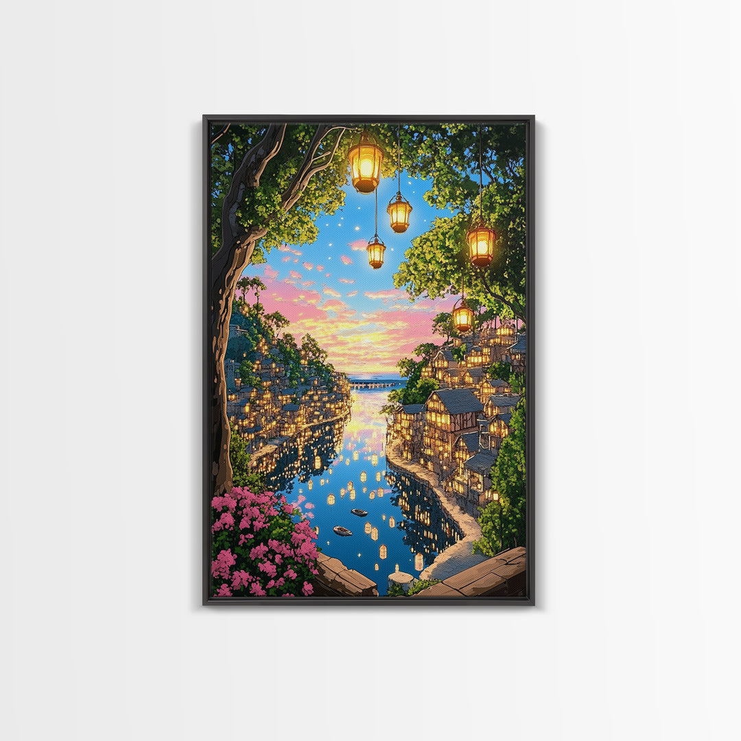 Lantern Lit Sunset Harbor Village Wall Art, Romantic Coastal Landscape Canvas Print For Living Room Decor And Housewarming Gift