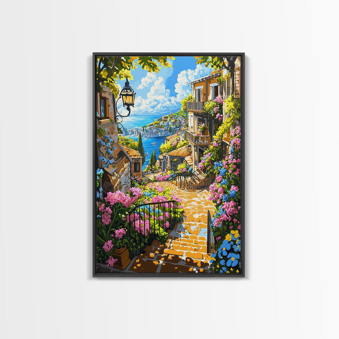 Mediterranean Coastal Stairway With Bougainvillea Canvas Print, Travel Poster Wall Art, Colorful Living Room Decor Housewarming Gift