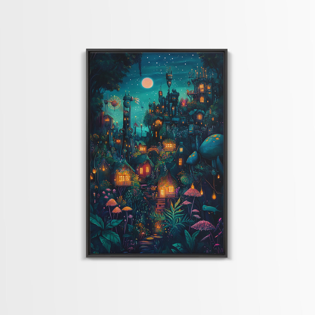 Moonlit Steampunk Mushroom City With Glowing Lanterns Canvas Print, Dark Fantasy Wall Art, Maximalist Decor Gift For Him