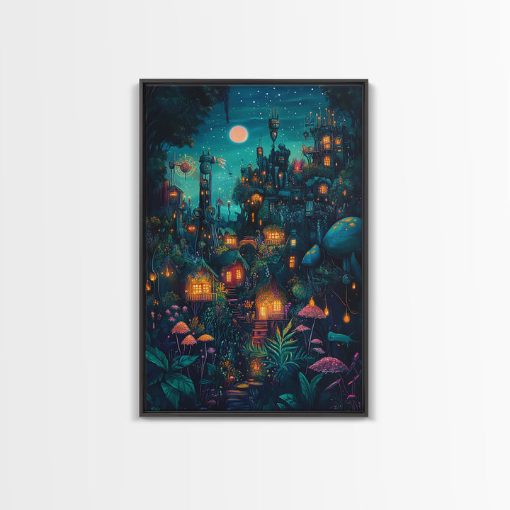 Moonlit Steampunk Mushroom City With Glowing Lanterns Canvas Print, Dark Fantasy Wall Art, Maximalist Decor Gift For Him