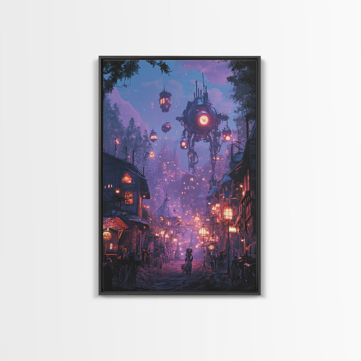 Purple Cyberpunk Village With Floating Machines Canvas Print, Sci Fi Wall Art, Futuristic Gaming Room Decor Gift For Him