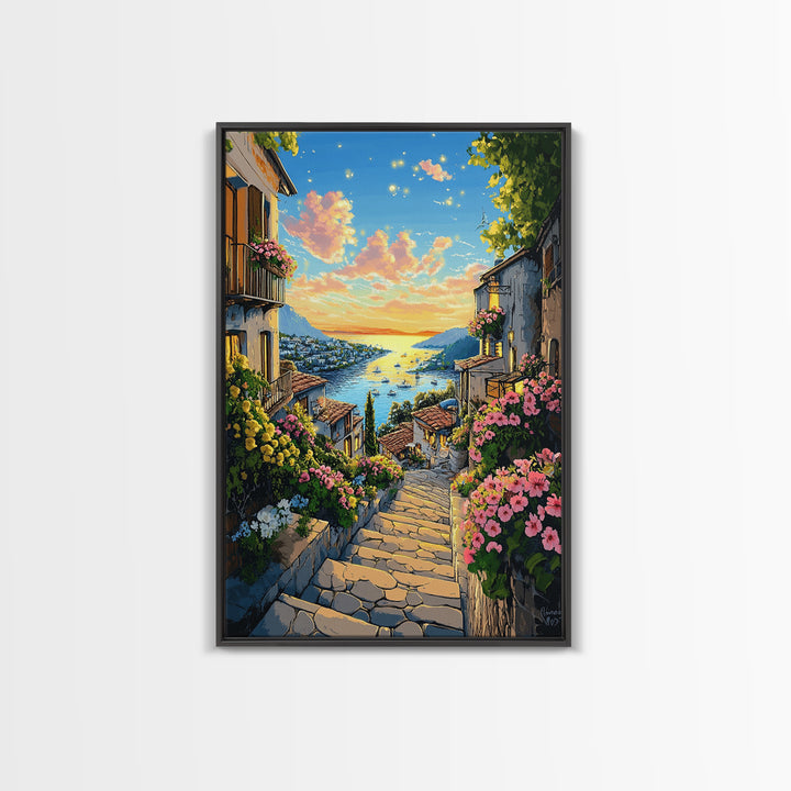 Sunlit Mediterranean Village Stairway Canvas Print, Coastal Wall Art, Italy Decor, Summer Travel Poster, Living Room Decor