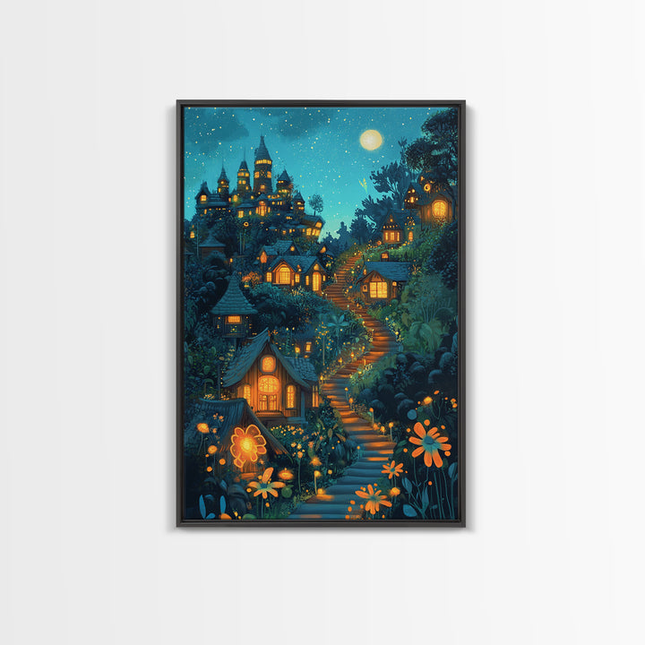Moonlit Enchanted Village Wall Art, Whimsical Fairy Tale Castle, Fantasy Art Print, Nursery Decor, Cozy Bedroom Wall Decor