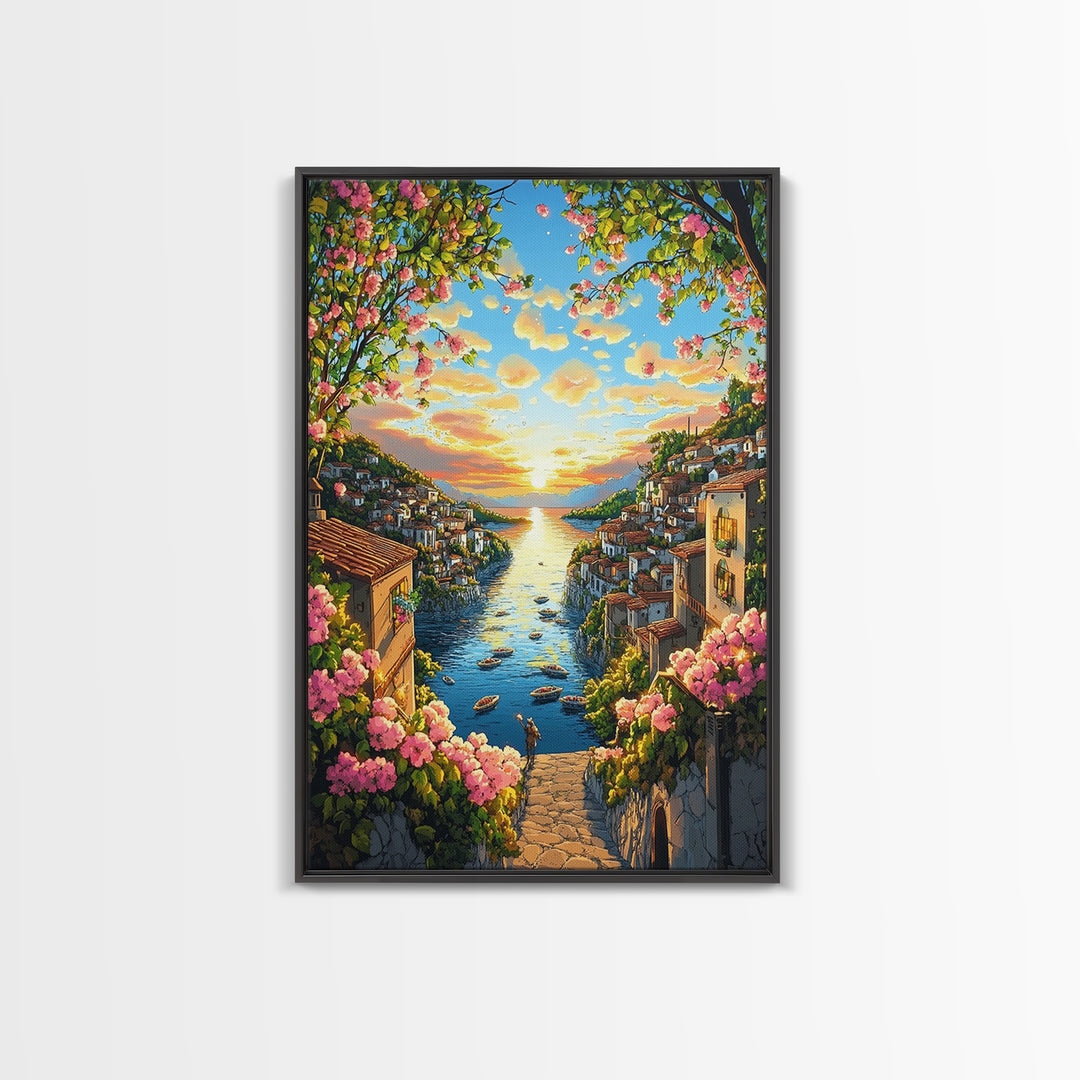 Golden Coastal Canal Village Framed Canvas Print, Mediterranean Wall Art, Italy Travel Poster, Summer Decor, Housewarming Gift