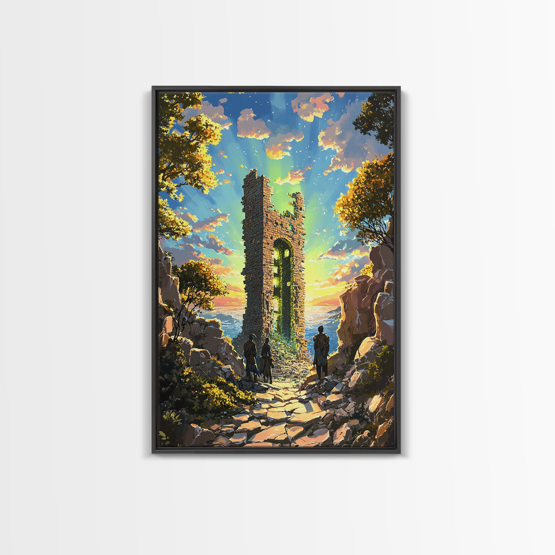 Sunset Ruined Stone Tower Canvas Print, Fantasy Landscape Wall Art, Coastal Castle Poster, Adventure Decor, Living Room Art