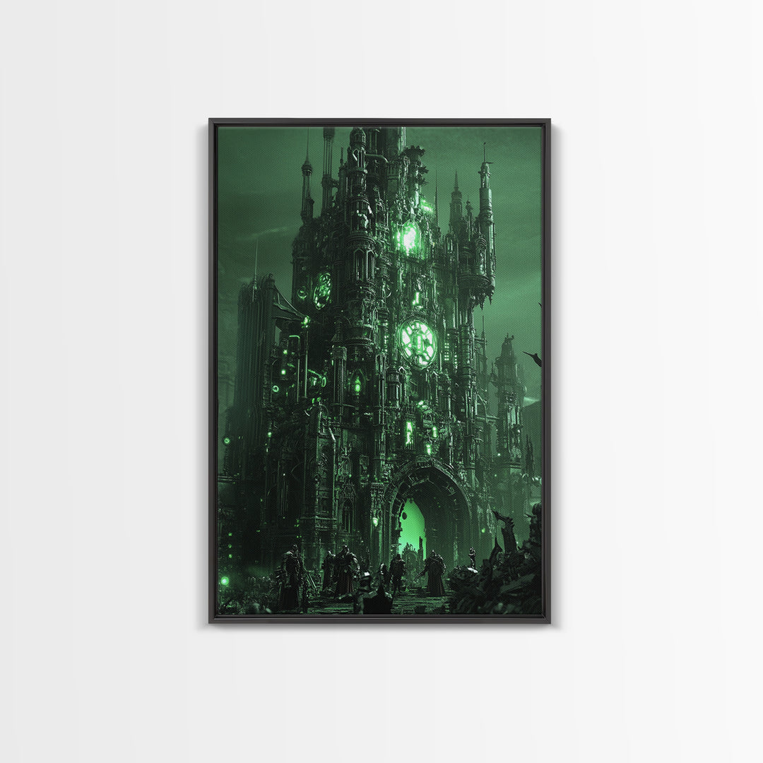 Emerald Gothic Citadel Framed Canvas Print, Dark Fantasy Wall Art, Green Castle Decor, Moody Office Art, Gothic Home Decor