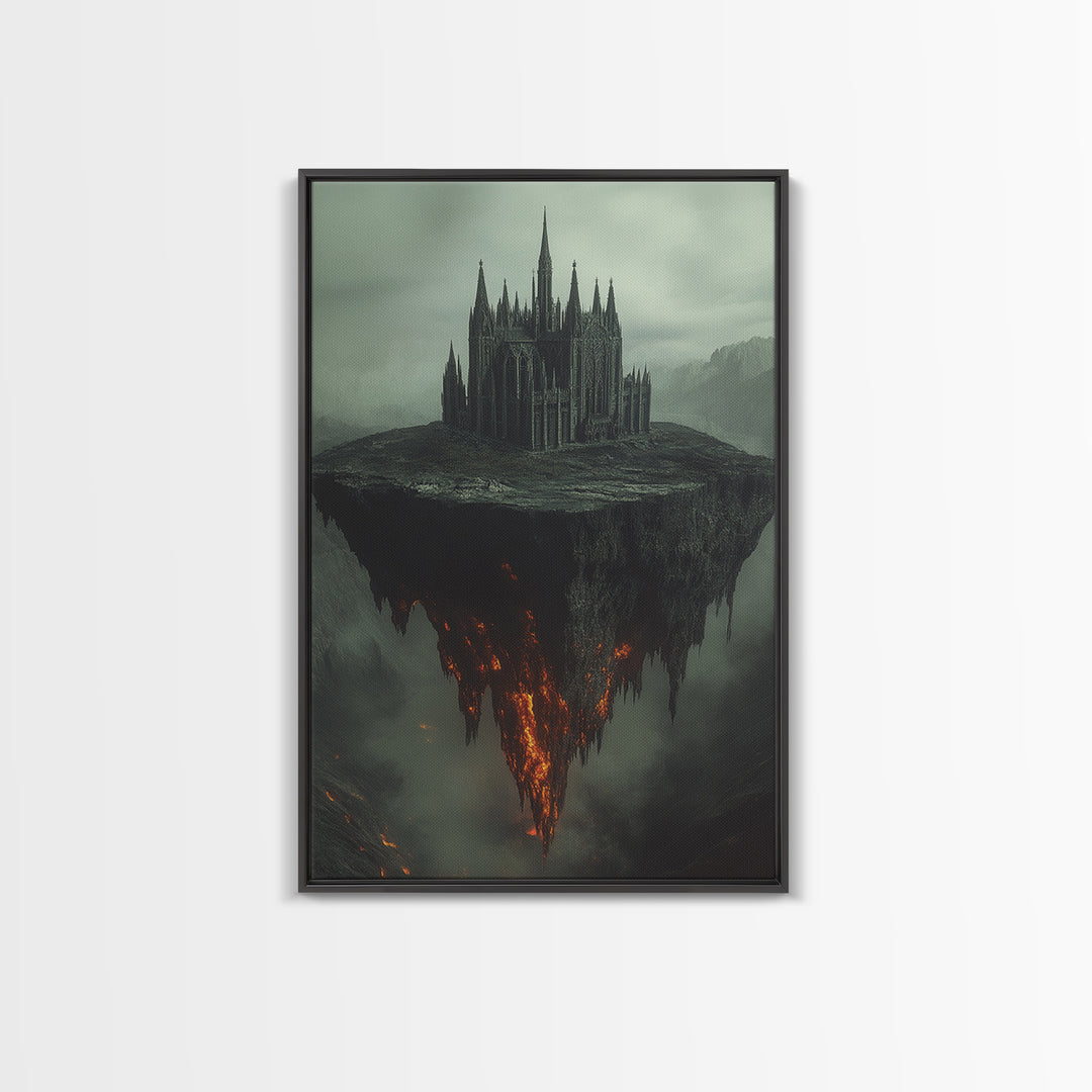 Floating Gothic Cathedral Wall Art, Dark Fantasy Canvas Print, Surreal Castle Decor, Moody Statement Artwork, Office Decor
