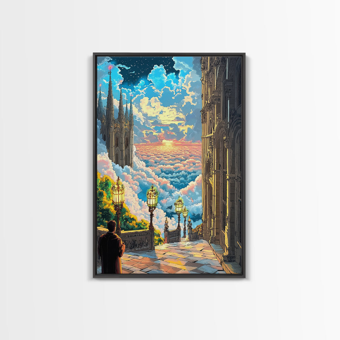 Celestial Cloud City Stairway Framed Canvas Print, Fantasy Wall Art, Sky Castle Decor, Dreamy Landscape, Bedroom Wall Decor