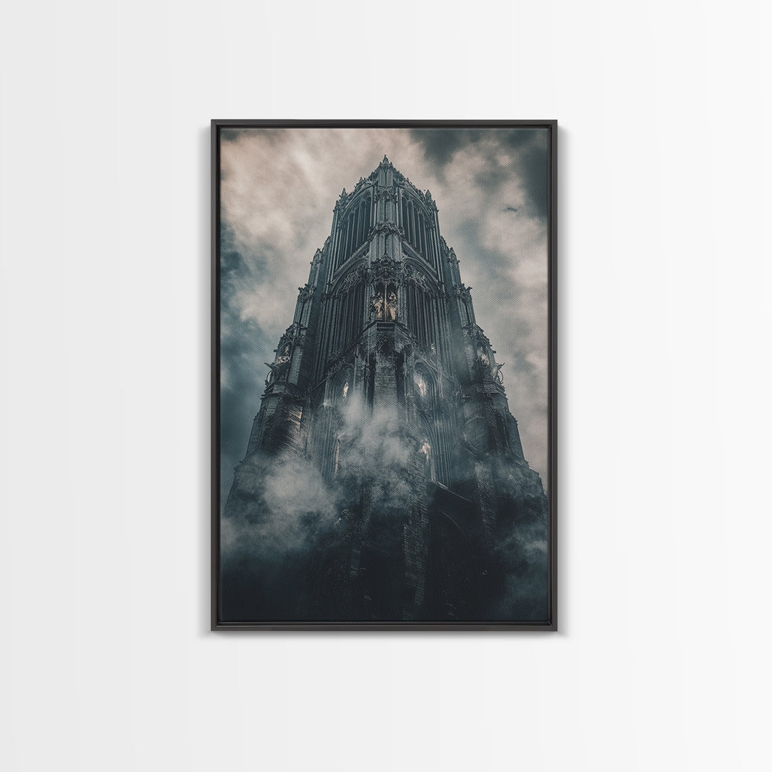 Foggy Gothic Cathedral Tower Wall Art, Dark Academia Fantasy Castle Print, Moody Architecture Decor, Gothic Wall Decor Print
