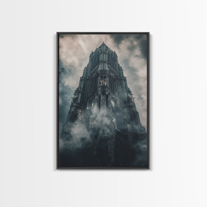 Foggy Gothic Cathedral Tower Wall Art, Dark Academia Fantasy Castle Print, Moody Architecture Decor, Gothic Wall Decor Print