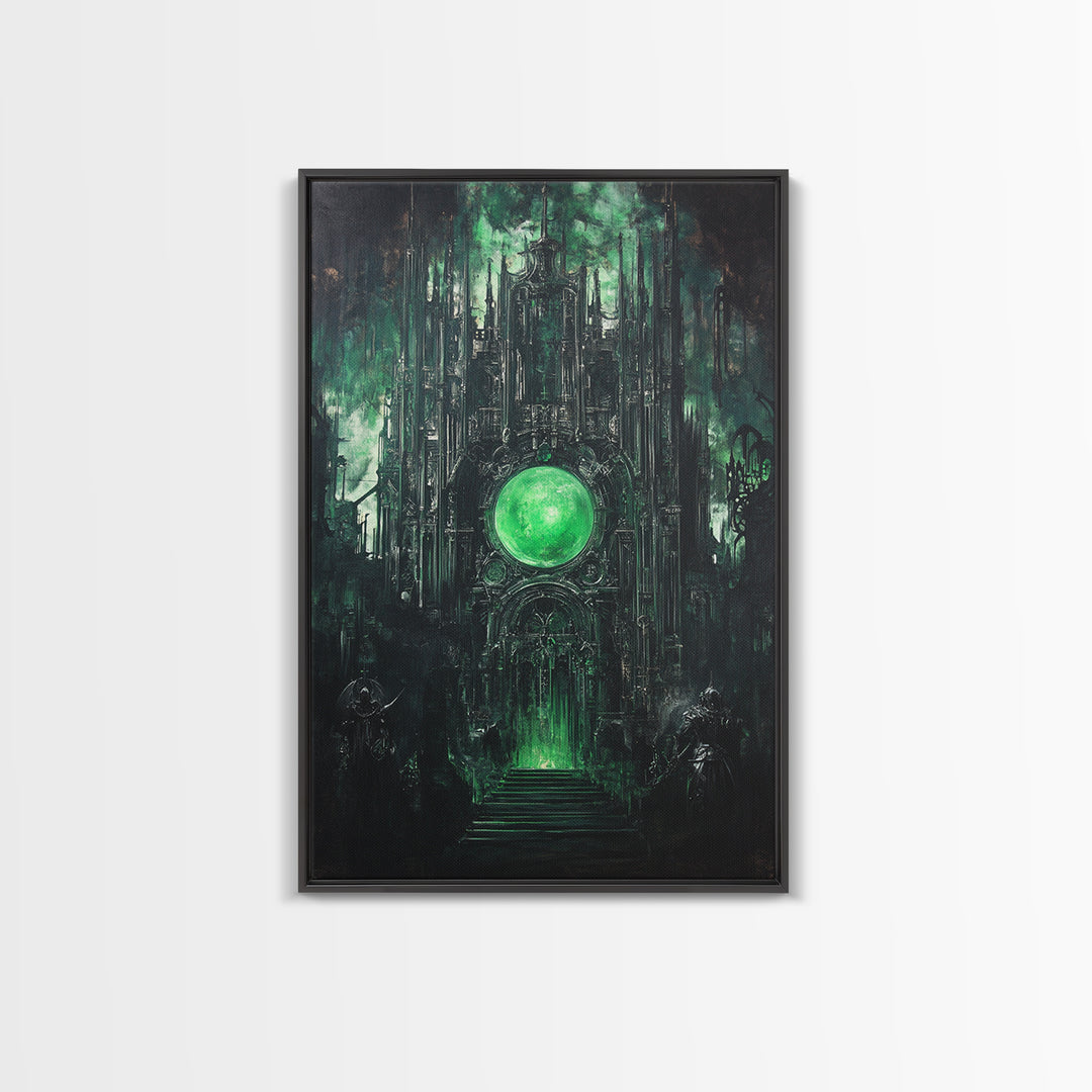 Emerald Orb Gothic Sanctuary Canvas Print, Dark Fantasy Wall Art, Occult Castle Decor, Moody Green Architecture Poster Print