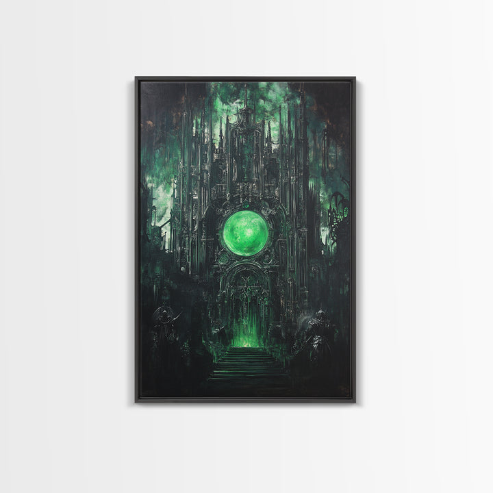 Emerald Orb Gothic Sanctuary Canvas Print, Dark Fantasy Wall Art, Occult Castle Decor, Moody Green Architecture Poster Print