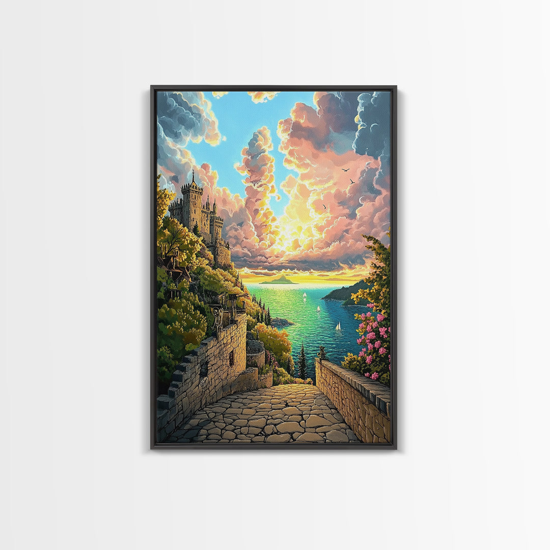 Sunset Castle Coast Path Wall Art, Mediterranean Seascape Canvas Print, Colorful Coastal Decor, Fantasy Landscape Art Print