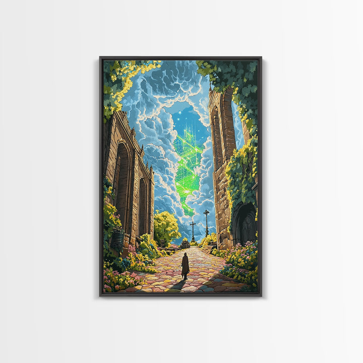 Glowing Crystal Towers Above Ruins Wall Art, Fantasy City Canvas Print, Whimsical Garden Decor, Magical Architecture Poster