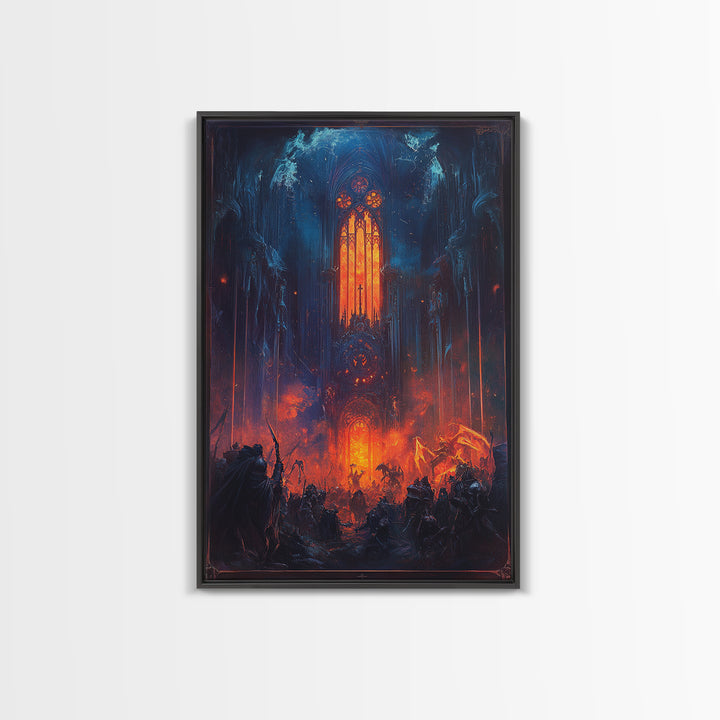 Fiery Gothic Cathedral Battle Canvas Print, Dark Fantasy Wall Art, Medieval Warrior Decor, Dramatic Red And Blue Poster Print