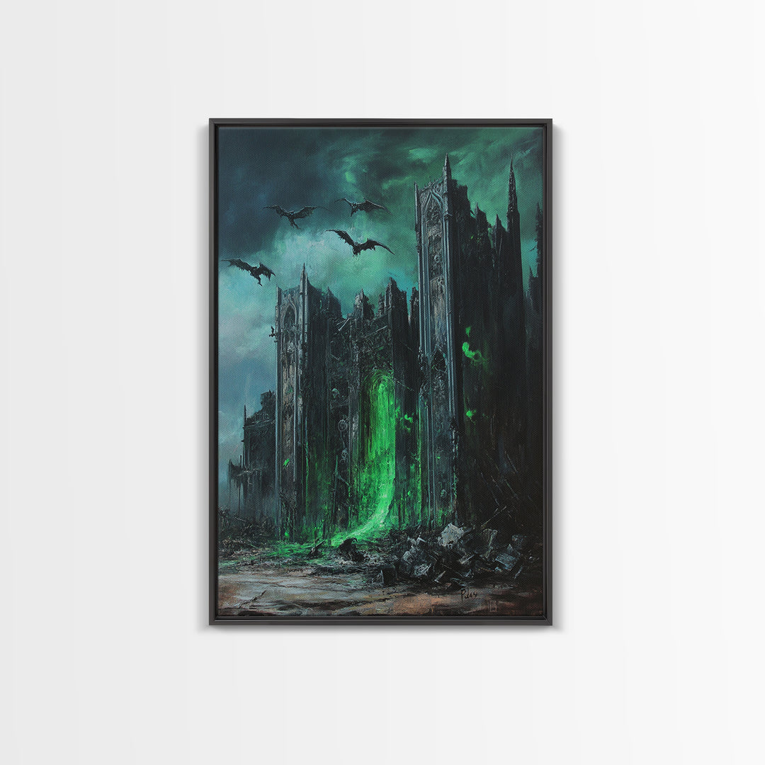 Green Portal Gothic Cathedral Wall Art, Dark Fantasy Ruins Print, Dragon Raven Decor, Moody Gothic Home Decor Gift For Him