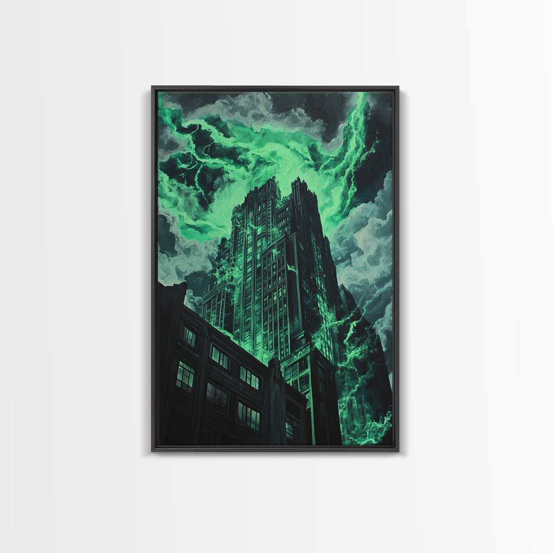 Emerald Storm Skyscraper Wall Art, Dark Urban Fantasy Print, Gothic City Lightning Decor, Moody Office Wall Decor, Home Decor Gift