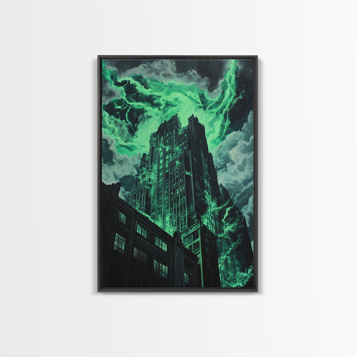 Emerald Storm Skyscraper Wall Art, Dark Urban Fantasy Print, Gothic City Lightning Decor, Moody Office Wall Decor, Home Decor Gift