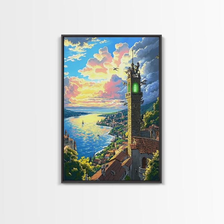 Glowing Coastal Tower At Sunset Canvas Print, Fantasy Seascape Wall Art, Mediterranean Landscape, Living Room Decor, Housewarming Gift