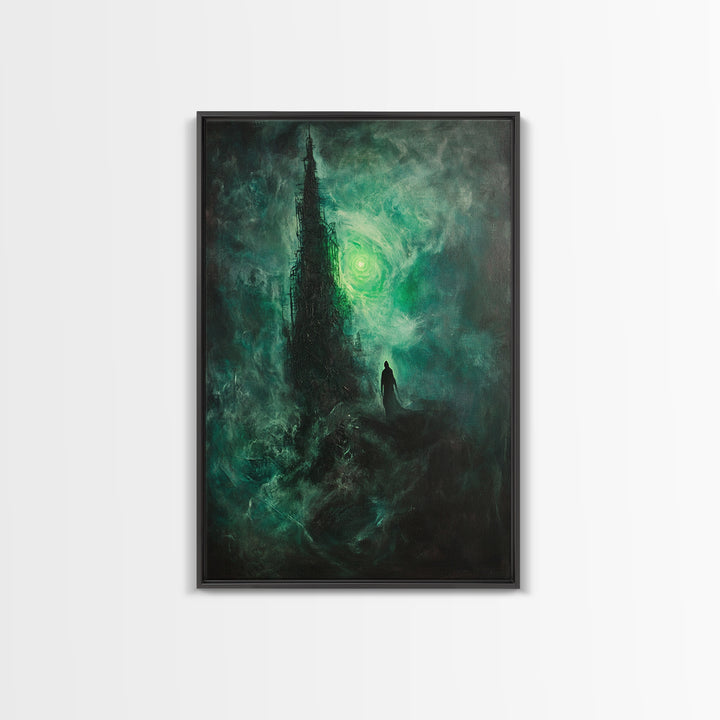 Dark Emerald Spire And Lone Wanderer Wall Art, Gothic Fantasy Canvas Print, Moody Surreal Landscape, Dark Academia Decor