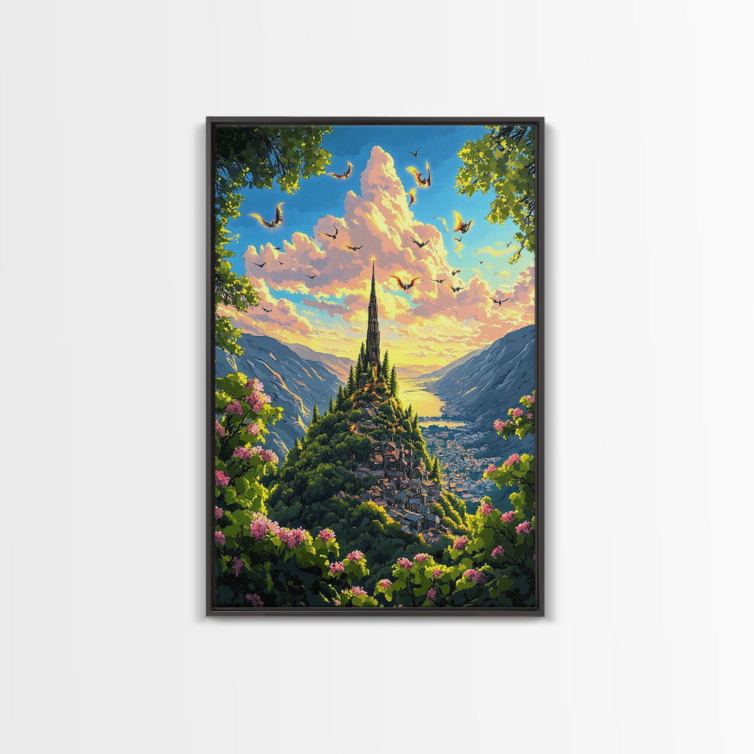 Sunlit Mountain Village With Flying Dragons Canvas Print, Fantasy Landscape Wall Art, Whimsical Home Decor, Gift For Her