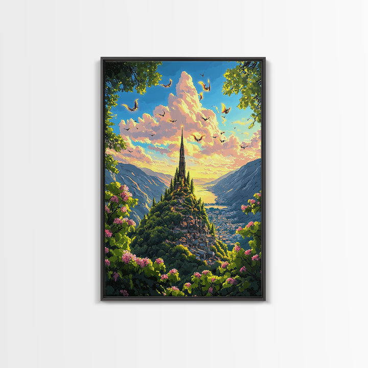Sunlit Mountain Village With Flying Dragons Canvas Print, Fantasy Landscape Wall Art, Whimsical Home Decor, Gift For Her