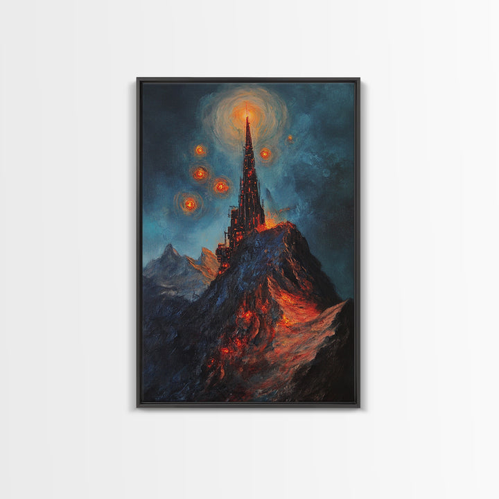 Fiery Dark Mountain Citadel With Red Orbs Canvas Print, Gothic Fantasy Wall Art, Lava Landscape, Moody Office Decor, Gift For Him