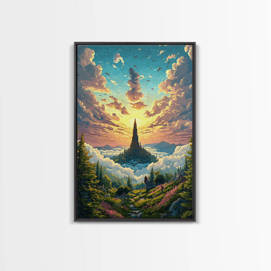 Golden Cloud Kingdom Spire At Sunrise Canvas Print, Fantasy Landscape Wall Art, Colorful Nature Art, Living Room Decor, Housewarming Gift