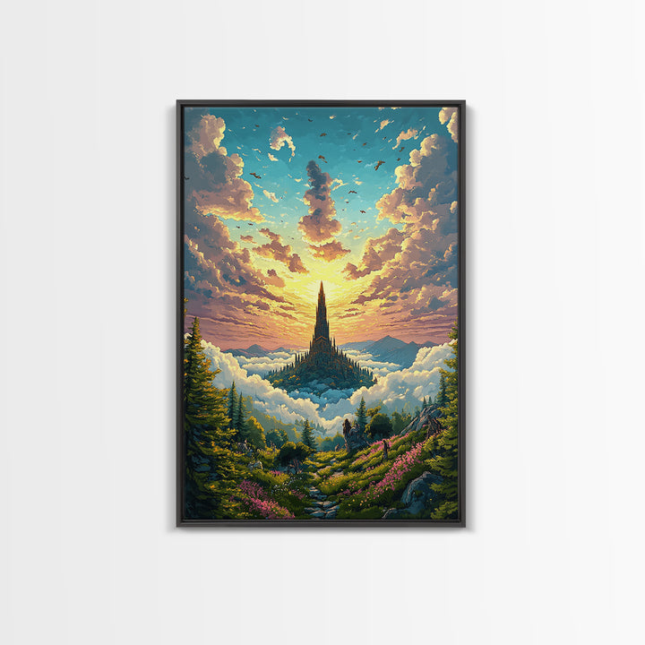 Golden Cloud Kingdom Spire At Sunrise Canvas Print, Fantasy Landscape Wall Art, Colorful Nature Art, Living Room Decor, Housewarming Gift