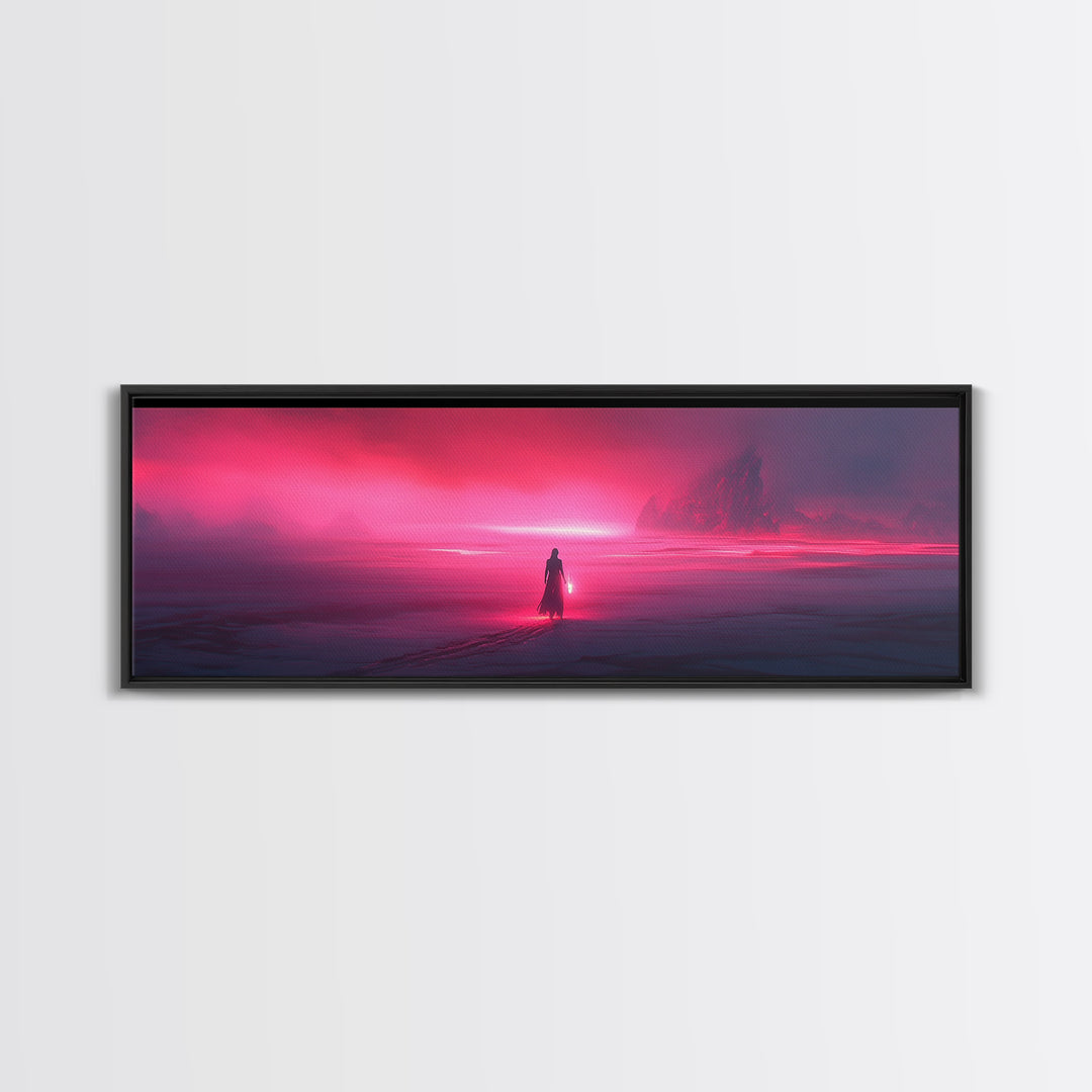 Lone Traveler In Magenta Alien Fog Wall Art, Sci Fi Landscape Canvas, Futuristic Decor, Neon Pink Living Room Art Print Gift