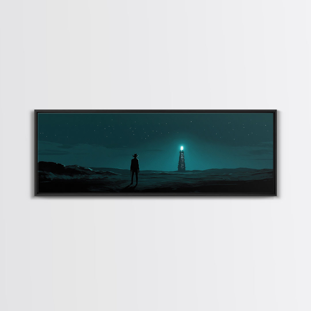 Starry Teal Desert Cowboy And Beacon Tower Wall Art, Sci Fi Western Landscape Print, Masculine Office Decor Gift For Him